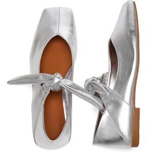 Women Silver Bow Ballet Square Toe Mary Jane Flats Size 10